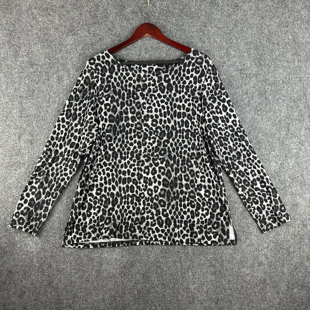 Mario Serrani Top Womens Large Black Gray Animal Print Stretch Long Sleeve
